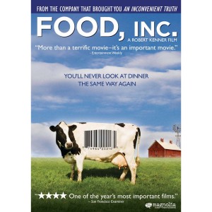 Cover of Food, INC. movie showing a barcode on a cow in a paddock.